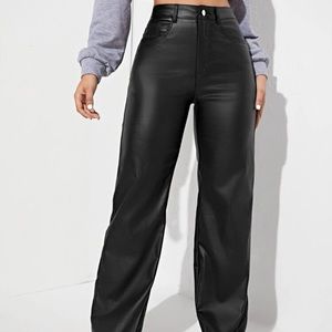 High Waist Straight Leg Leather Pants